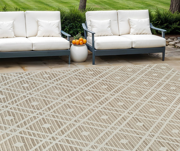Homeroots 8' X 11' Cream And Brown Geometric Distressed Indoor Outdoor Area Rug  Polypropylene 559052