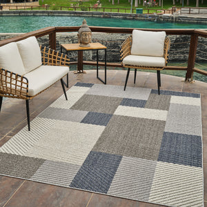Homeroots 4' X 6' Gray And Blue Geometric Distressed Indoor Outdoor Area Rug  Polypropylene 559059