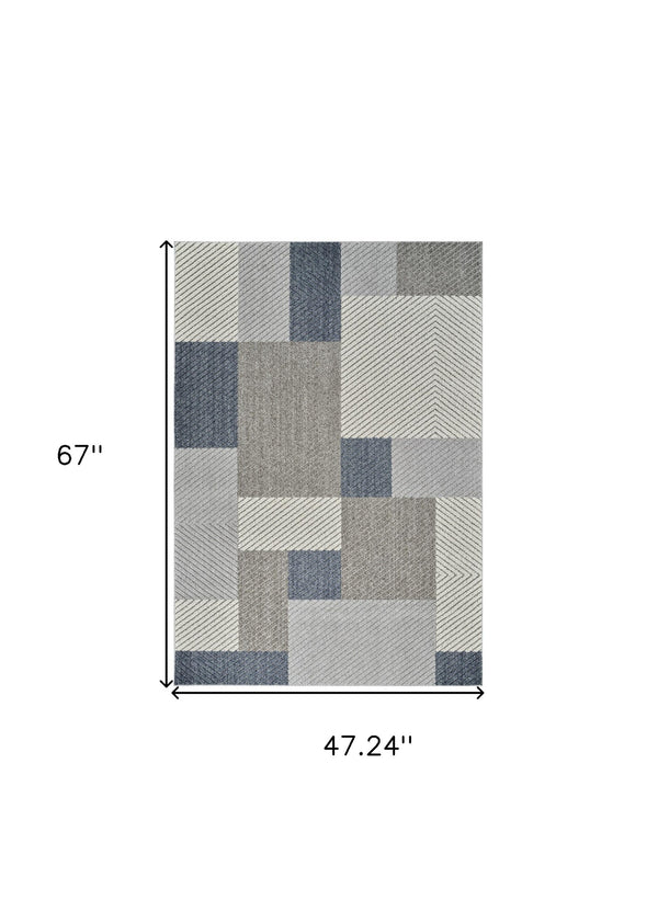 Homeroots 4' X 6' Gray And Blue Geometric Distressed Indoor Outdoor Area Rug  Polypropylene 559059