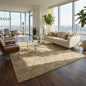 HomeRoots 5' Geometric Distressed Area Rug - Beige & Brown Indoor/Outdoor Rug for High-Traffic Spaces & Decor 559065
