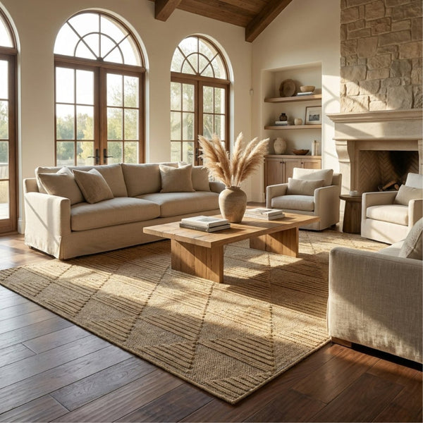 HomeRoots 5' Geometric Distressed Area Rug - Beige & Brown Indoor/Outdoor Rug for High-Traffic Spaces & Decor 559065