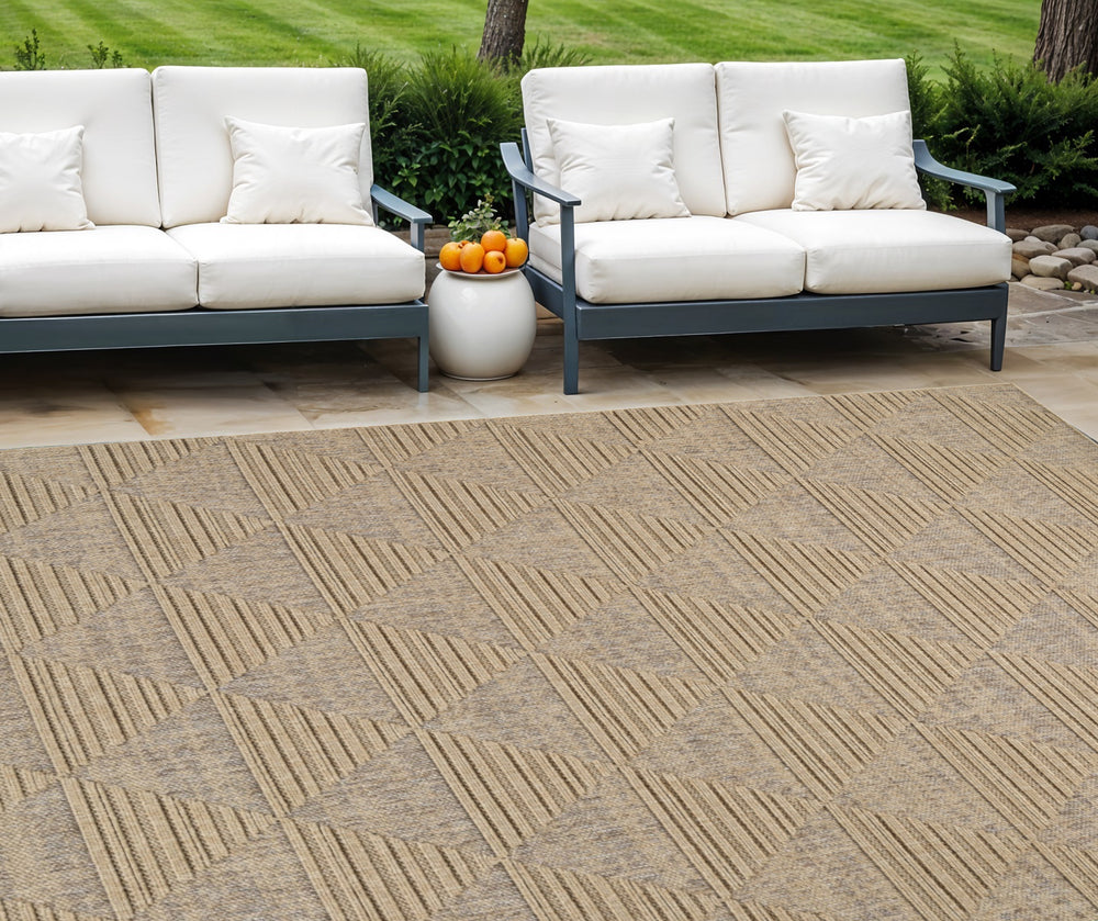 Homeroots 7' X 10' Beige And Brown Geometric Distressed Indoor Outdoor Area Rug  Polypropylene 559066