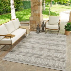 Homeroots 8' X 11' Beige And Gray Striped Distressed Indoor Outdoor Area Rug  Polypropylene 559072