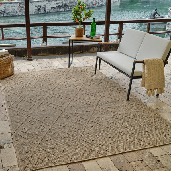 HomeRoots 5' Beige and Brown Geometric Distressed Area Rug – Durable, Stylish for Indoor and Outdoor Spaces 5' X 8' 559075