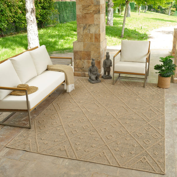 HomeRoots 5' Beige and Brown Geometric Distressed Area Rug – Durable, Stylish for Indoor and Outdoor Spaces 8' X 11' 559077