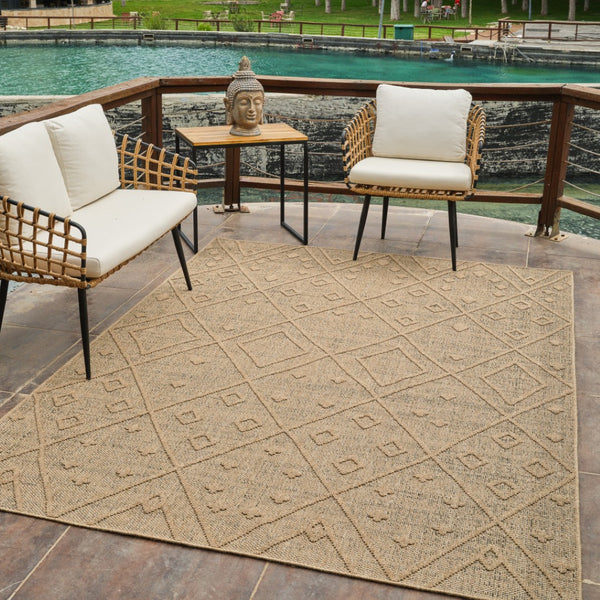 HomeRoots 5' Beige and Brown Geometric Distressed Area Rug – Durable, Stylish for Indoor and Outdoor Spaces 8' X 11' 559077