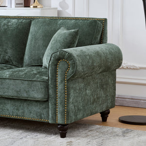 English Elm Modern Chenille 3+2 Seater Sofa with Rolled Arms, Velvet Touch, Nailhead Trim, Solid Wood Legs, Cozy Green W3373S00044