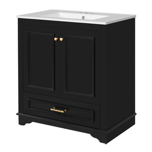 English Elm 30" Elegant Bathroom Vanity with Ceramic Sink, French-Inspired Compact Cabinet with Drawer & Shelf Black N710P317676B