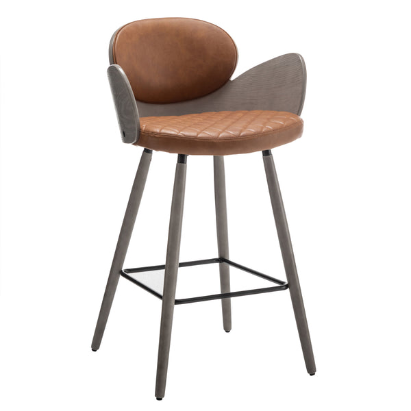 Homeroots Set Of Two 28" Brown And Gray Faux Leather And Wood Counter Height Bar Chairs   559149