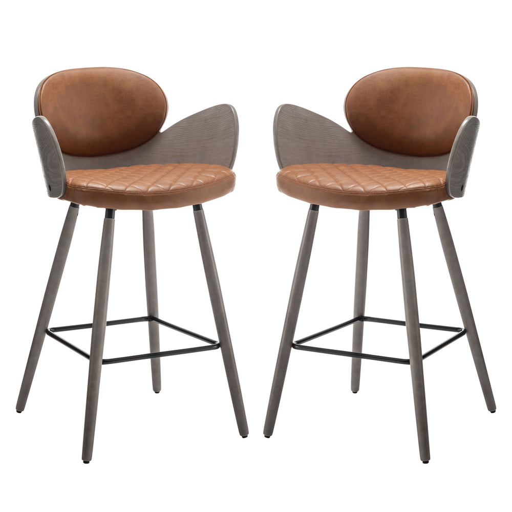 Homeroots Set Of Two 28" Brown And Gray Faux Leather And Wood Counter Height Bar Chairs   559149