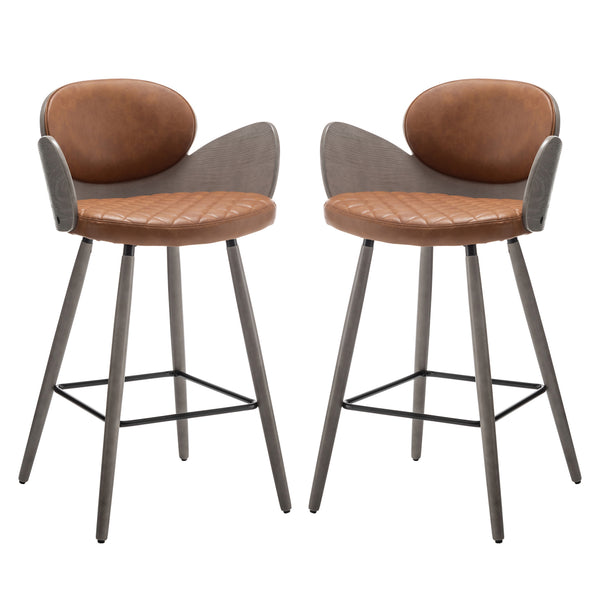 Homeroots Set Of Two 28" Brown And Gray Faux Leather And Wood Counter Height Bar Chairs   559149