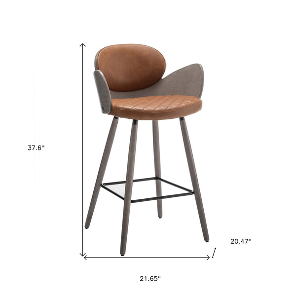 Homeroots Set Of Two 28" Brown And Gray Faux Leather And Wood Counter Height Bar Chairs   559149