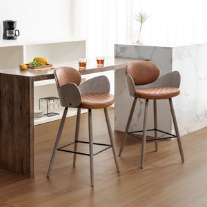 Homeroots Set Of Two 28" Brown And Gray Faux Leather And Wood Counter Height Bar Chairs   559149