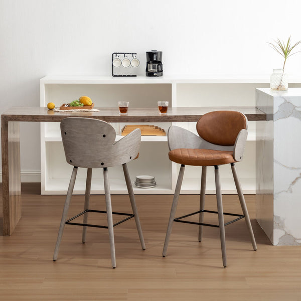 Homeroots Set Of Two 28" Brown And Gray Faux Leather And Wood Counter Height Bar Chairs   559149