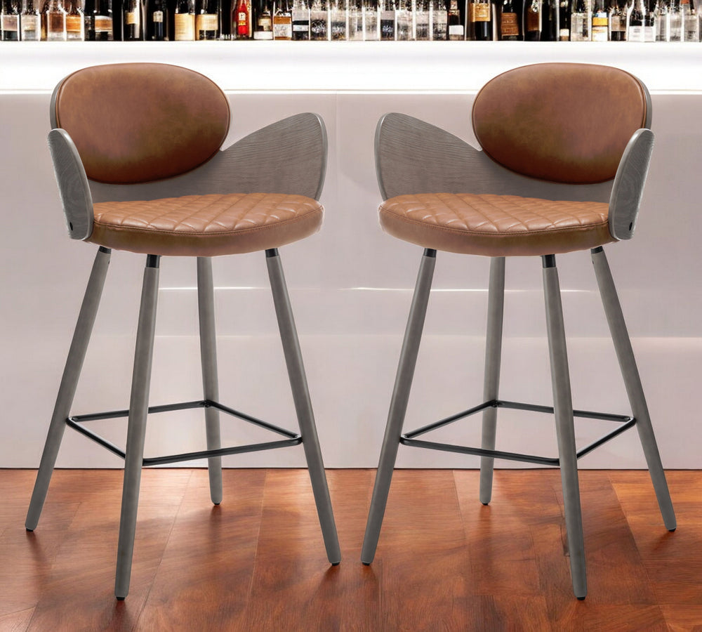 Homeroots Set Of Two 28" Brown And Gray Faux Leather And Wood Counter Height Bar Chairs   559149