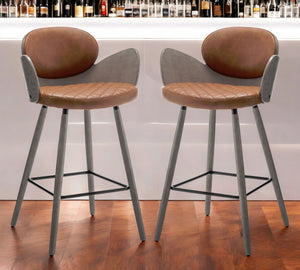 Homeroots Set Of Two 28" Brown And Gray Faux Leather And Wood Counter Height Bar Chairs   559149