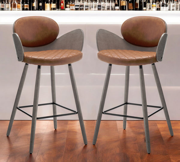 Homeroots Set Of Two 28" Brown And Gray Faux Leather And Wood Counter Height Bar Chairs   559149