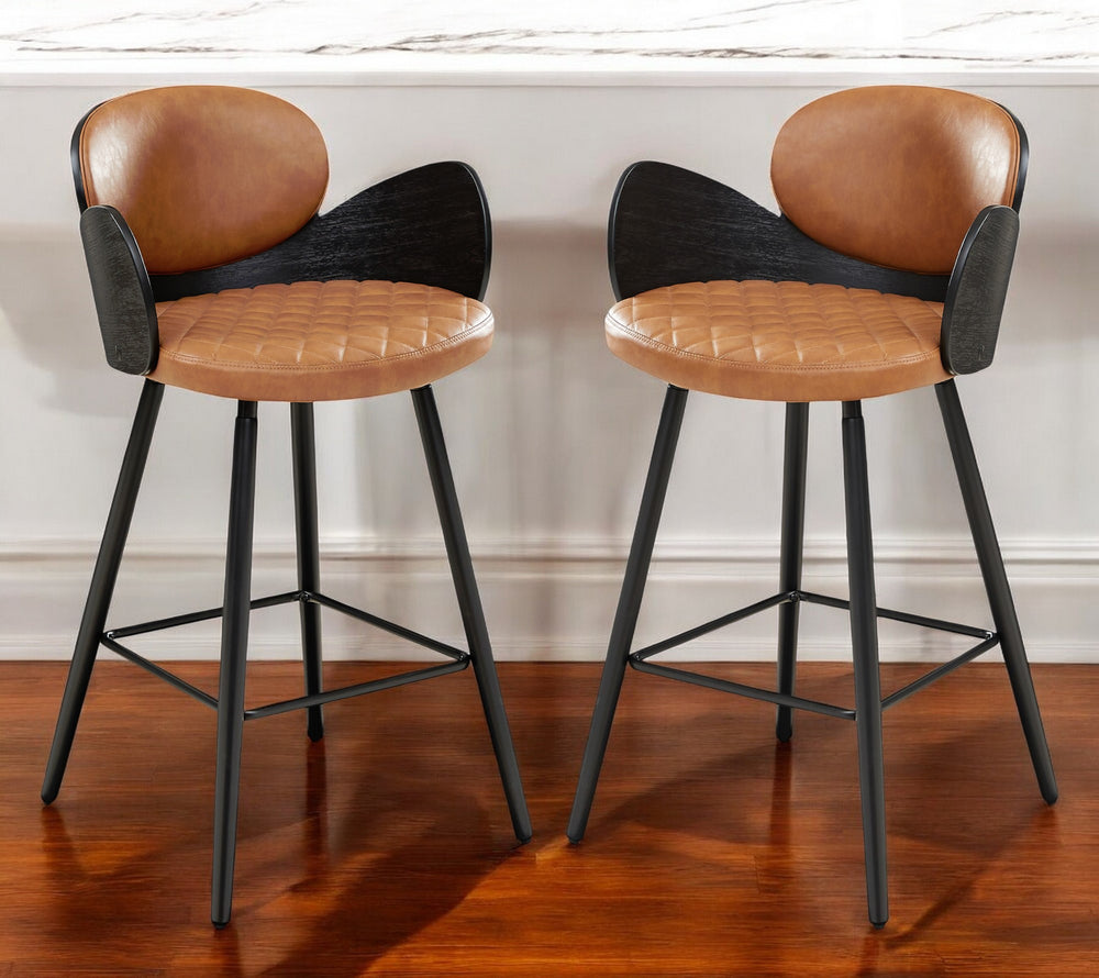 Homeroots Set Of Two 28" Brown And Black Faux Leather And Wood Counter Height Bar Chairs   559150