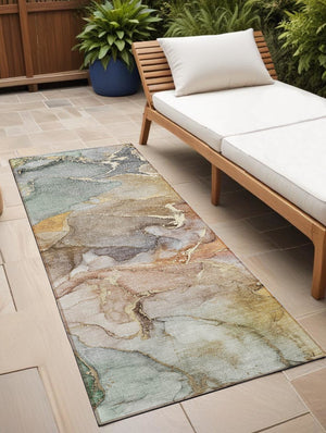 Homeroots 2' X 8' Gray And Gold Abstract Washable Non Skid Indoor Outdoor Area Rug Beige Polyester 559160