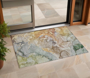 Homeroots 3' X 5' Gray And Gold Abstract Washable Non Skid Indoor Outdoor Area Rug Beige Polyester 559162