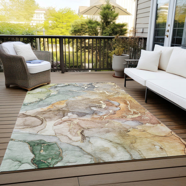 Homeroots 3' X 5' Gray And Gold Abstract Washable Non Skid Indoor Outdoor Area Rug Beige Polyester 559162