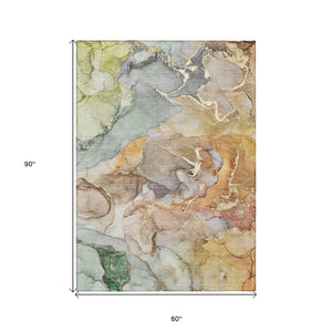HomeRoots 5' Modern Gray and Gold Abstract Area Rug - Washable Non-Skid Design for Indoor and Outdoor Spaces 5' X 8' 559163