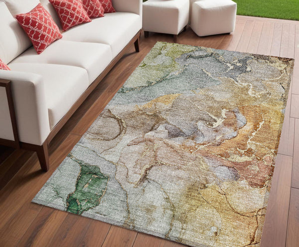 Homeroots 5' X 8' Gray And Gold Abstract Washable Non Skid Indoor Outdoor Area Rug Beige Polyester 559163