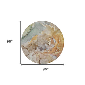 Homeroots 8' Round Gray And Gold Round Abstract Washable Non Skid Indoor Outdoor Area Rug Beige Polyester 559164