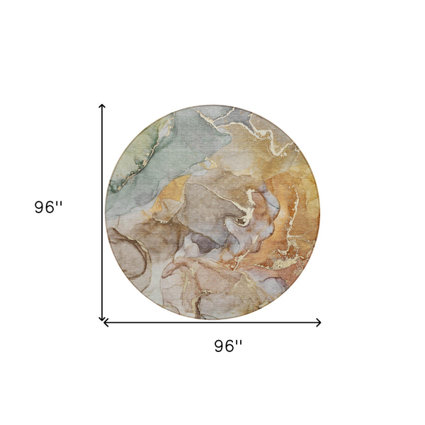 Homeroots 8' Round Gray And Gold Round Abstract Washable Non Skid Indoor Outdoor Area Rug Beige Polyester 559164