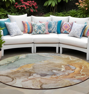 Homeroots 8' Round Gray And Gold Round Abstract Washable Non Skid Indoor Outdoor Area Rug Beige Polyester 559164