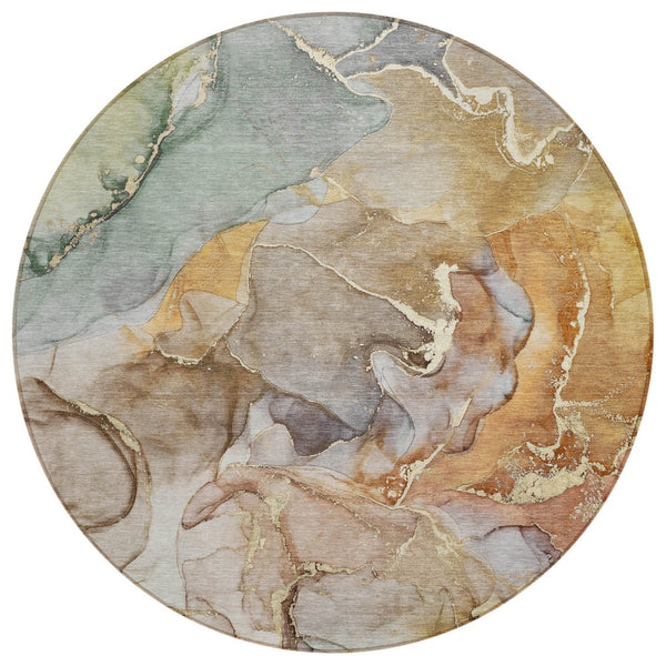 HomeRoots 5' Modern Gray and Gold Abstract Area Rug - Washable Non-Skid Design for Indoor and Outdoor Spaces 8' Round 559164