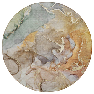 Homeroots 8' Round Gray And Gold Round Abstract Washable Non Skid Indoor Outdoor Area Rug Beige Polyester 559164