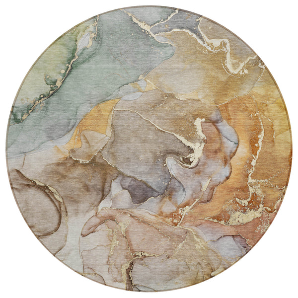 Homeroots 8' Round Gray And Gold Round Abstract Washable Non Skid Indoor Outdoor Area Rug Beige Polyester 559164