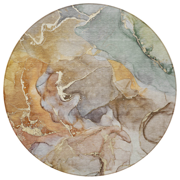 Homeroots 8' Round Gray And Gold Round Abstract Washable Non Skid Indoor Outdoor Area Rug Beige Polyester 559164