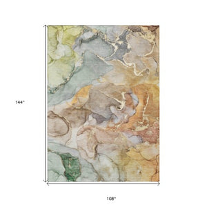 Homeroots 9' Gray And Gold Abstract Washable Indoor Outdoor Area Rug - Stylish Stain Resistant Non-skid Design 9' X 12' Polyester 559166