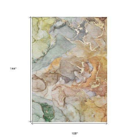 Homeroots 9' Gray And Gold Abstract Washable Indoor Outdoor Area Rug - Stylish Stain Resistant Non-skid Design 9' X 12' Polyester 559166