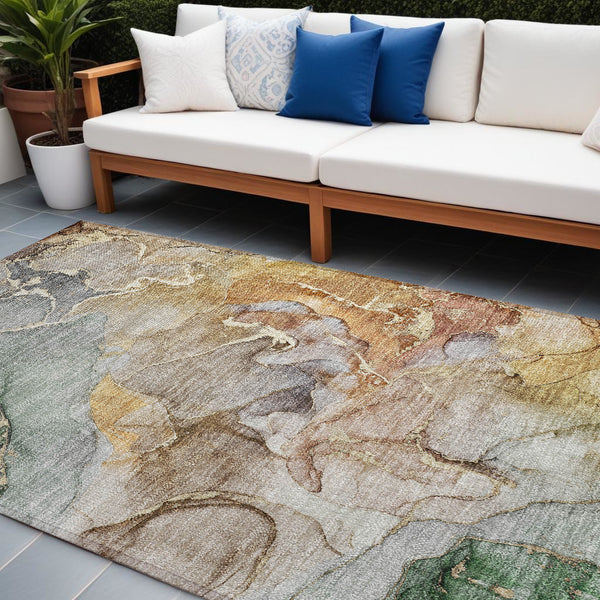 Homeroots 10' X 14' Gray And Gold Abstract Washable Non Skid Indoor Outdoor Area Rug Beige Polyester 559167