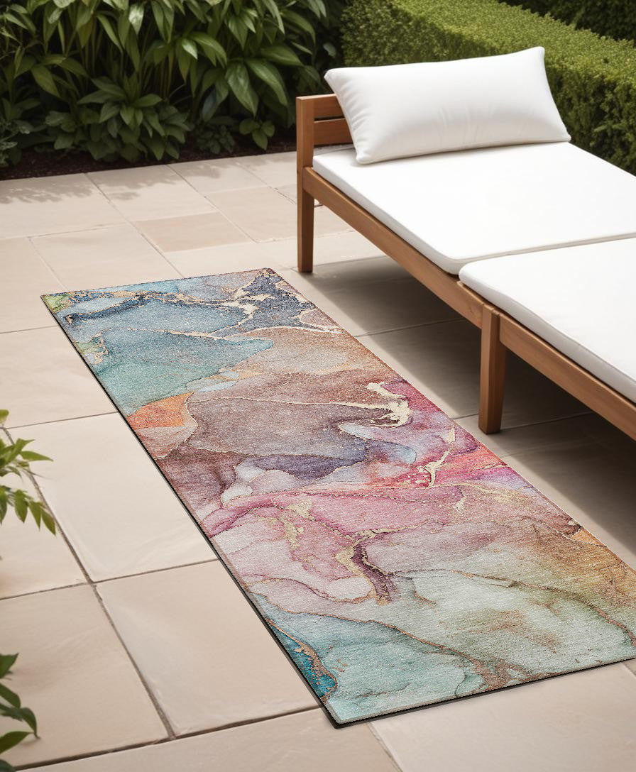 Homeroots 8' Runner Blue Abstract Washable Non Skid Indoor Outdoor Runner Rug Blue Polyester 559169