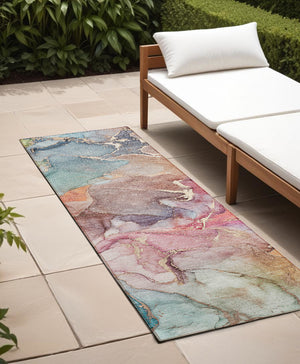 Homeroots 8' Runner Blue Abstract Washable Non Skid Indoor Outdoor Runner Rug Blue Polyester 559169