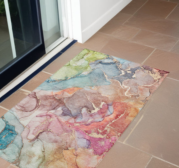 Homeroots 3' X 5' Blue Abstract Washable Non Skid Indoor Outdoor Area Rug Blue Polyester 559171