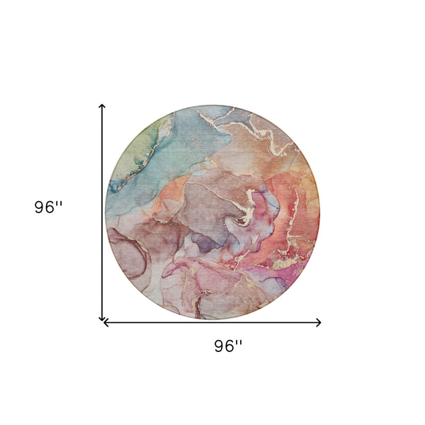 Homeroots 8' Round Blue Round Abstract Washable Non Skid Indoor Outdoor Area Rug Blue Polyester 559173