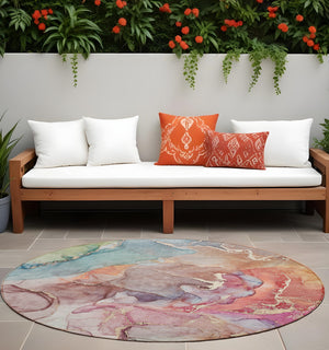 Homeroots 8' Round Blue Round Abstract Washable Non Skid Indoor Outdoor Area Rug Blue Polyester 559173