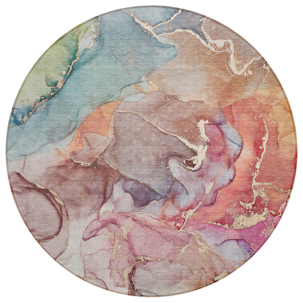 Homeroots 8' Round Blue Round Abstract Washable Non Skid Indoor Outdoor Area Rug Blue Polyester 559173