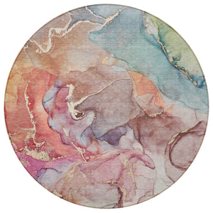 Homeroots 8' Round Blue Round Abstract Washable Non Skid Indoor Outdoor Area Rug Blue Polyester 559173