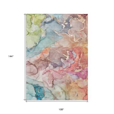 Homeroots 9' Gray And Gold Abstract Washable Indoor Outdoor Area Rug - Stylish Stain Resistant Non-skid Design 9' X 12' Polyester 559175