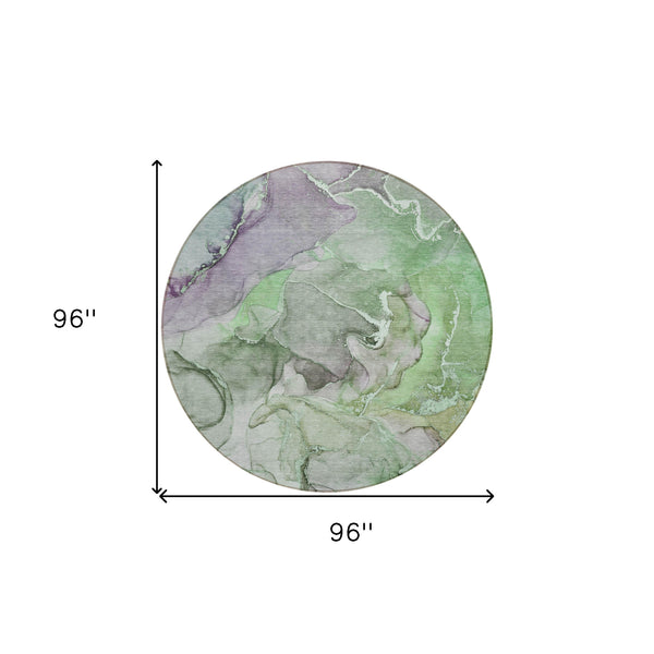 Homeroots 8' Round Green Round Abstract Washable Non Skid Indoor Outdoor Area Rug Green Polyester 559182