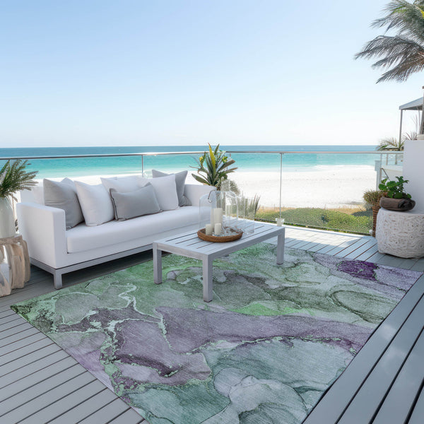 Homeroots 9' X 12' Green Abstract Washable Non Skid Indoor Outdoor Area Rug Green Polyester 559184