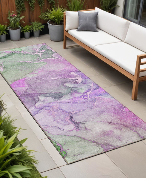 Homeroots 8' Runner Purple Abstract Washable Non Skid Indoor Outdoor Runner Rug Purple Polyester 559187