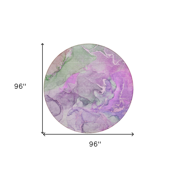 Homeroots 8' Round Purple Round Abstract Washable Non Skid Indoor Outdoor Area Rug Purple Polyester 559191