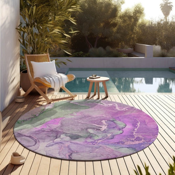 Homeroots 8' Round Purple Round Abstract Washable Non Skid Indoor Outdoor Area Rug Purple Polyester 559191